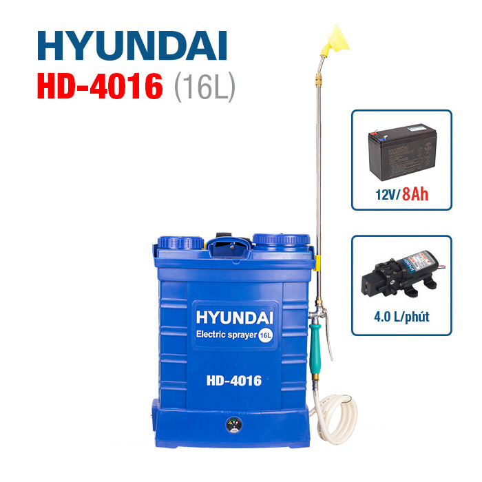 Bình xịt điện hyundai hd-4016 | bình xịt điện cầm tay 16 lít | 80psi - 4 lít/phút | 12v - 9ah