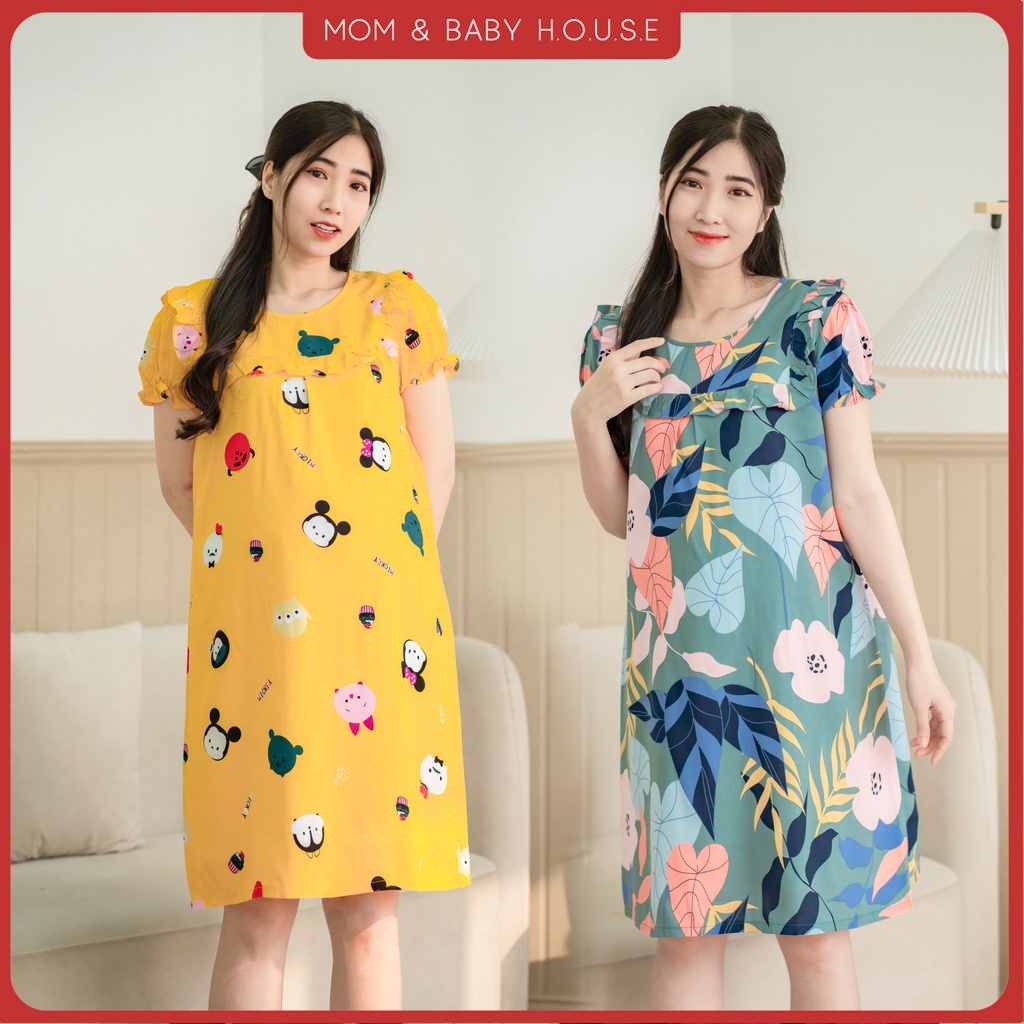 Đầm bầu tôn 2 da thái viền bèo ngực mặc nhà cả bầu và sau sinh mềm mát