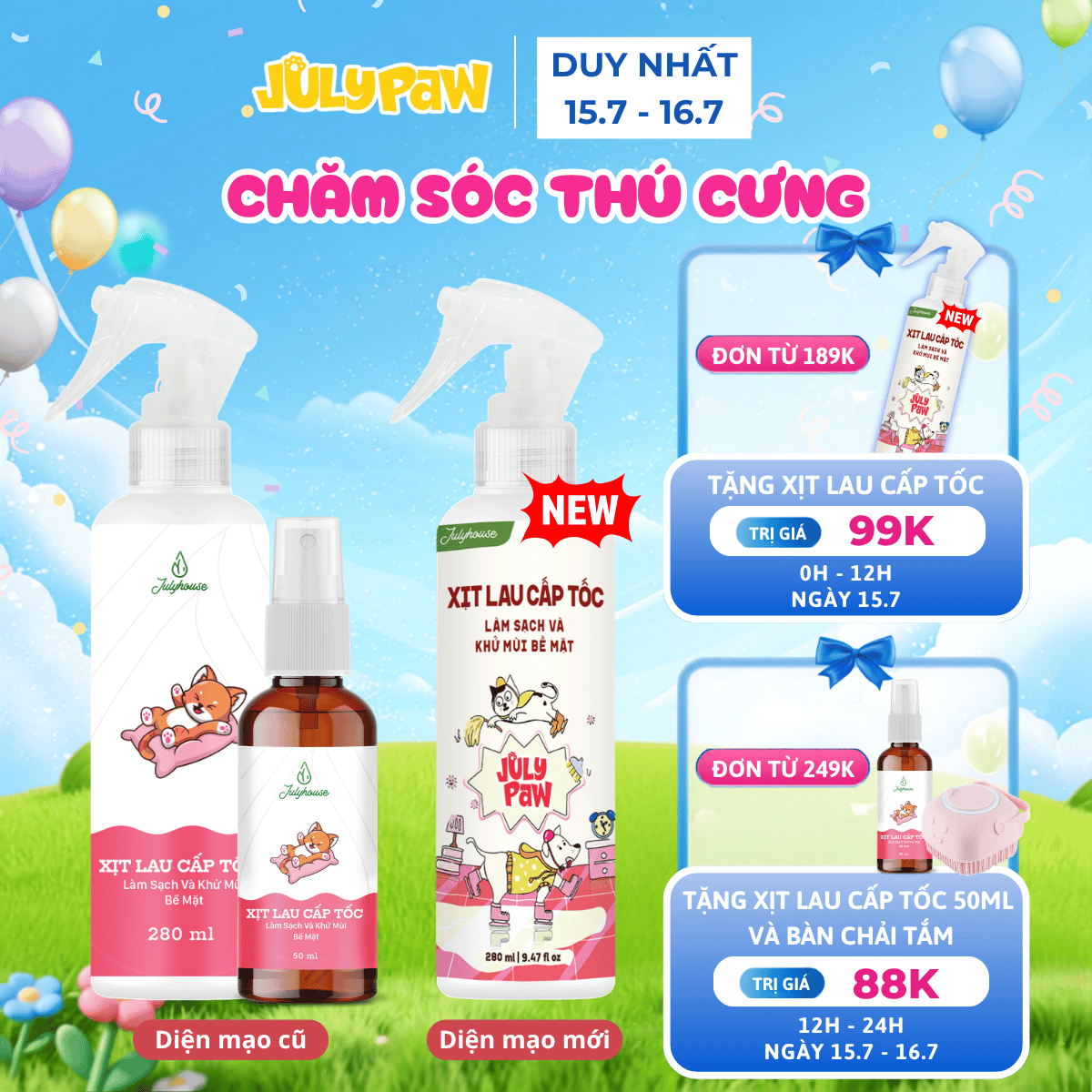 Nước lau sàn cấp tốc dạng xịt khử khuẩn khử mùi chó mèo 280ml JULYHOUSE kết hợp tinh dầu Oải Hương,Khuynh Diệp, Sả Chanh