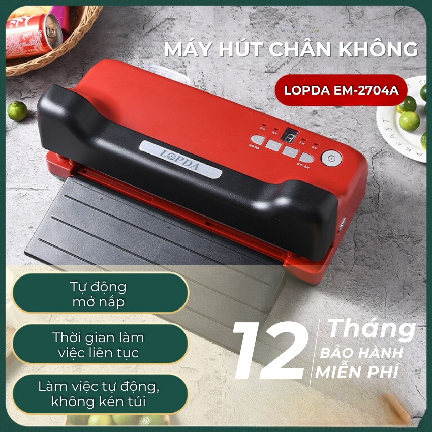 Máy hút chân không thực phẩm không kén túi LOPDA EM-2704A, máy hút chân không bảo quản thực phẩm tặng kèm túi, máy hút chân không gia đình không kén bao bì, hút được nước