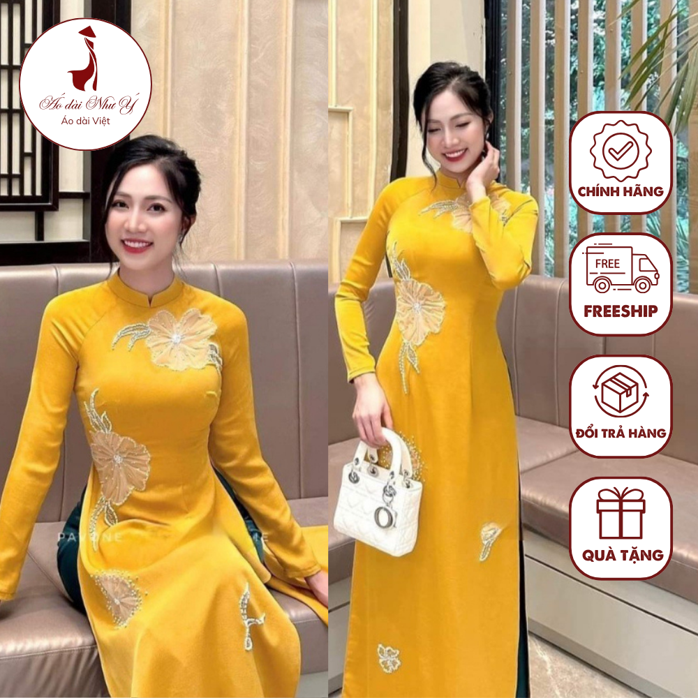 Áo dài lụa ❤️freeship❤️ đính kết lụa chất liệu cao cấp - áo dài như ý - ad11