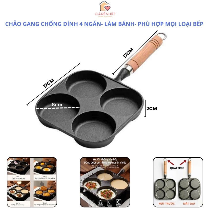 Chảo Gang Chống Dính 4 Ngăn Làm Bánh Khọt Chiên Trứng Nướng Bánh Dễ Dàng Vệ Sinh Phù Hợp Với Mọi Loại Bếp 