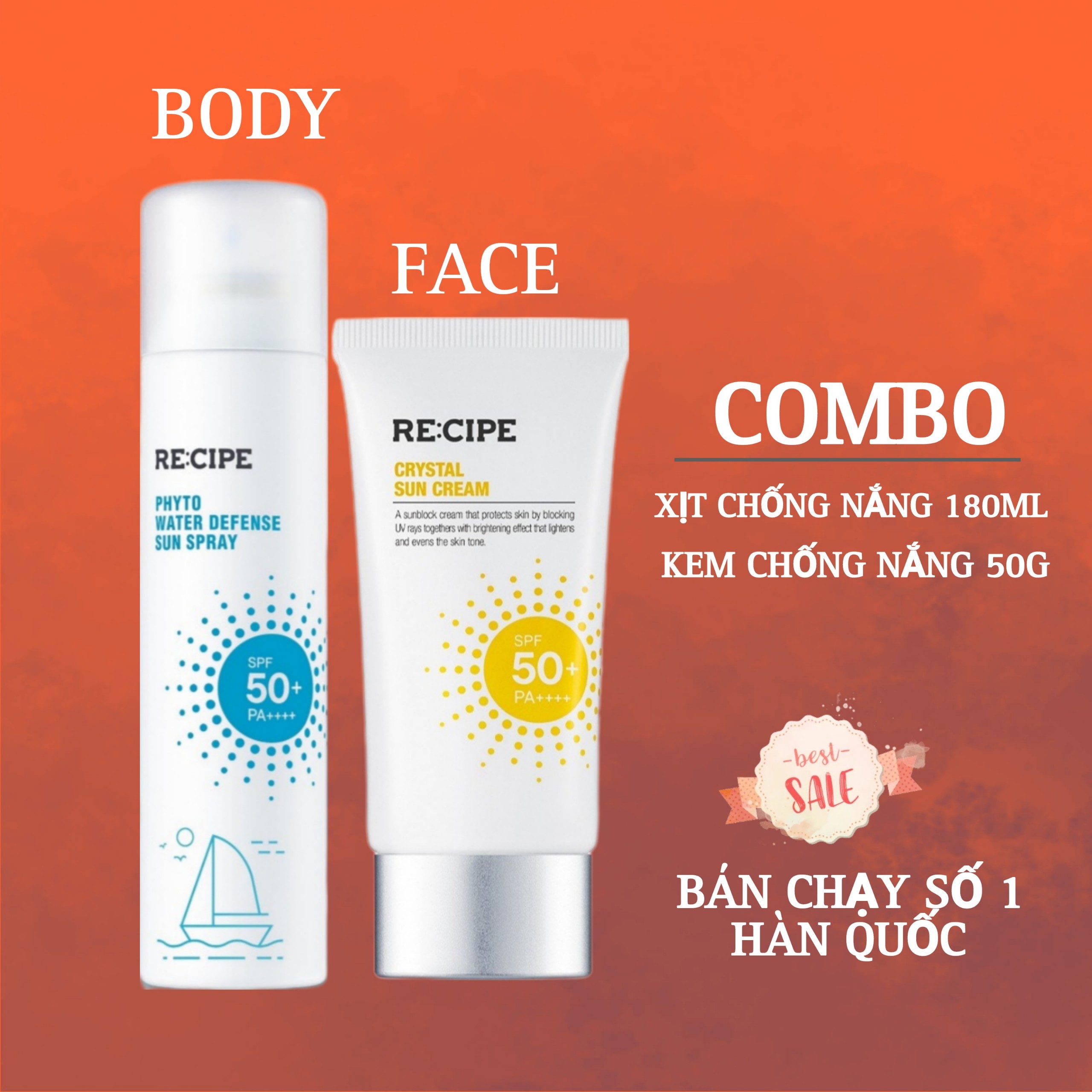 [Chính Hãng] Combo Xịt chống nắng Recipe 180ml và Kem chống nắng bảo vệ da đa chiều SPF50/PA+++, Re:cipe 50g