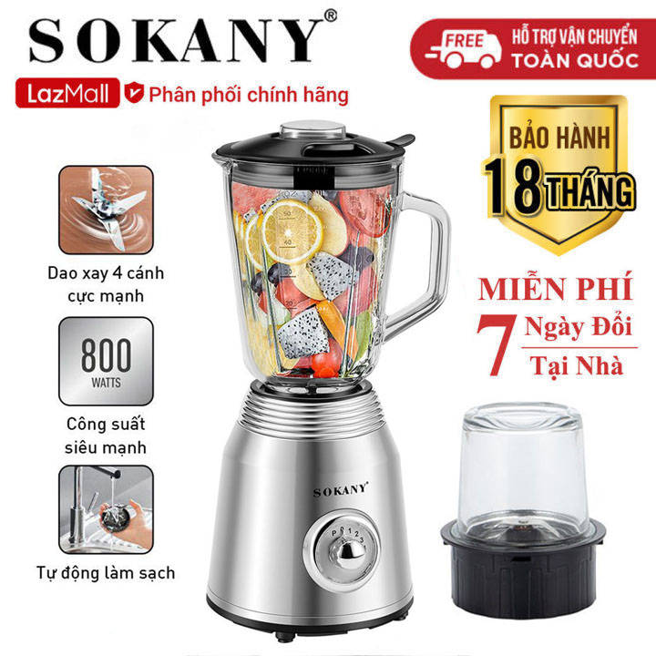 Máy xay sinh tố SOKANY công suất cực lớn 800W có 2 bộ cối dao sử dụng xay hoa quả, xay thực phẩm đa năng - SK186B