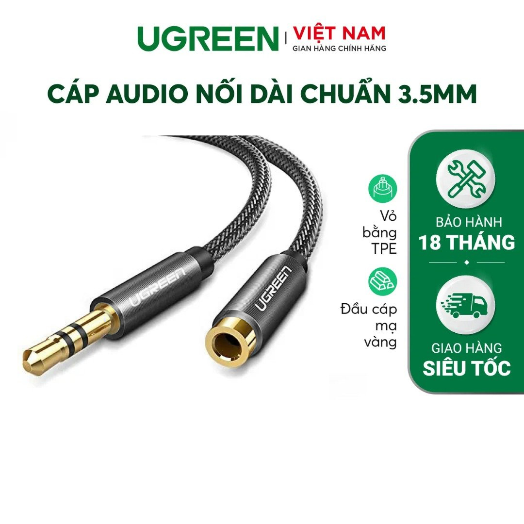 Dây av nối dài 3.5mm ugreen av118 | dây bện chắc chắn | đầu cắm mạ vàng chống ăn mòn | bảo hành 18 tháng 1 đổi 1.