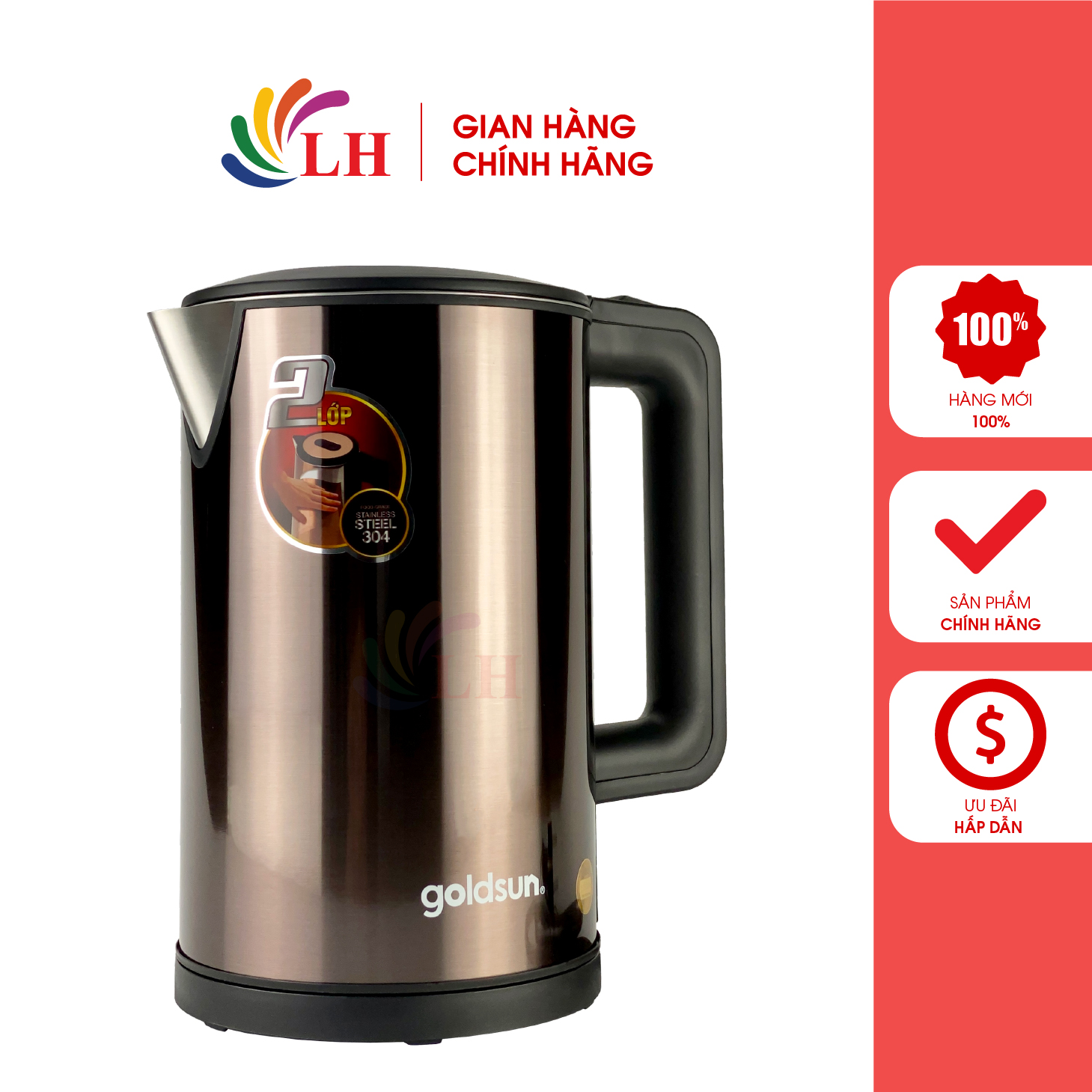 Goldsun 1.7 Liter 2-Layer Electric Kettle Gkt2640 - Genuine Product - Capacity 1800W, High-Quality Stainless Steel Body, Insulated Handle,