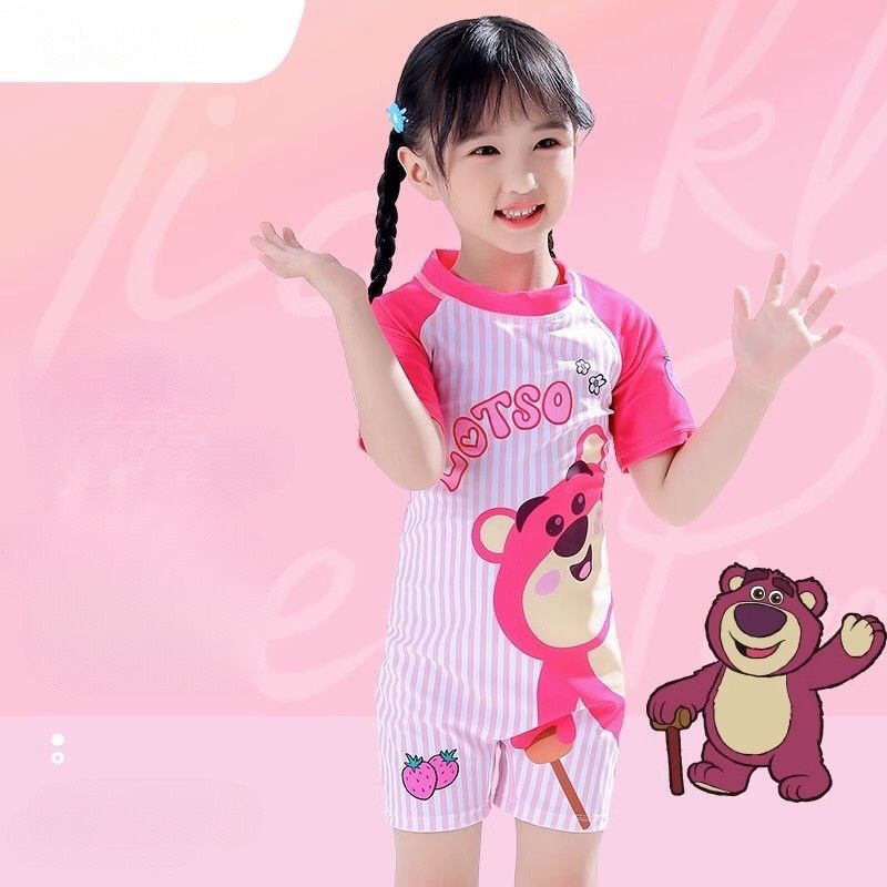 Đồ bơi bé gái liền thân sz 8-18kg hoạ tiết gấu dâu SỌC, bikini liền thân cho bé gái