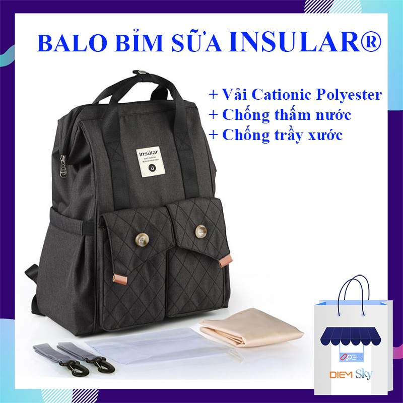 Balo bỉm sữa đa năng thương hiệu Insular vải Cationic Polyester cao cấp thiết kế sang trọng chống thấm nước chống trầy xước dung tích lớn