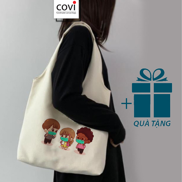 Túi Tote Đeo Vai, Túi Vải Canvas,Vải Bố Hàn Quốc Thời Trang Covi Màu Mộc T35