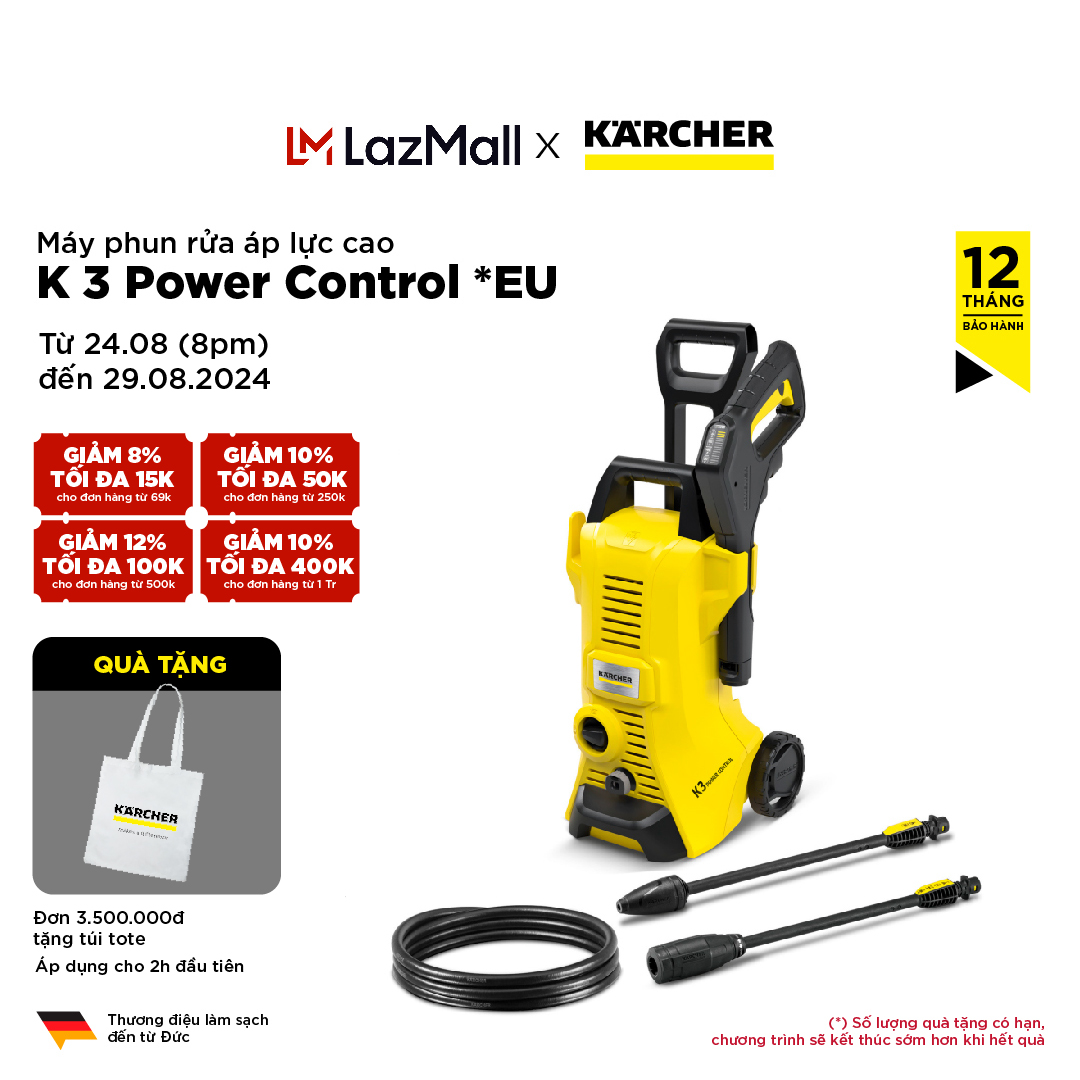 Máy xịt rửa xe áp lực cao Karcher 1600W K3 Power Control, áp lực 120 bar, dây áp lực 7m, đầu phun thẳng tùy chỉnh 3 mức áp lực