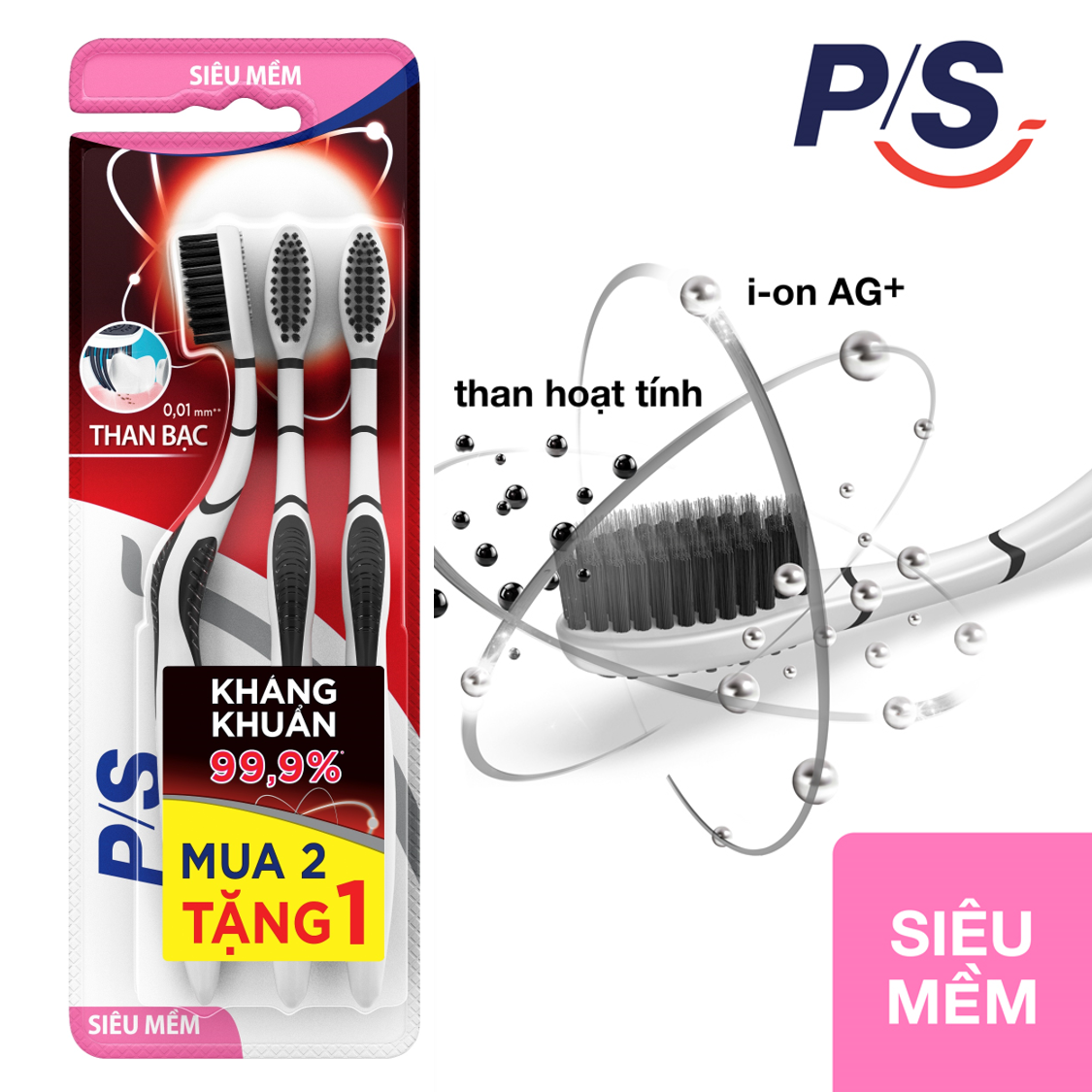  Bộ 3 Bàn chải P S Than bạc kháng khuẩn 
