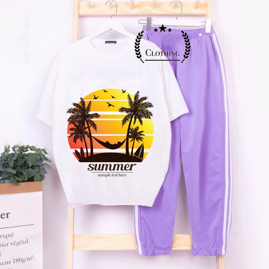 Sét Bộ Thời Trang Ulzzang Nam Nữ Học Sinh Mùa Hè Mặc Đi Chơi Siêu Cute, Áo Cotton In Hoàng Hôn Chiều Hè Cữ Summer Kèm Quần Cá Tính