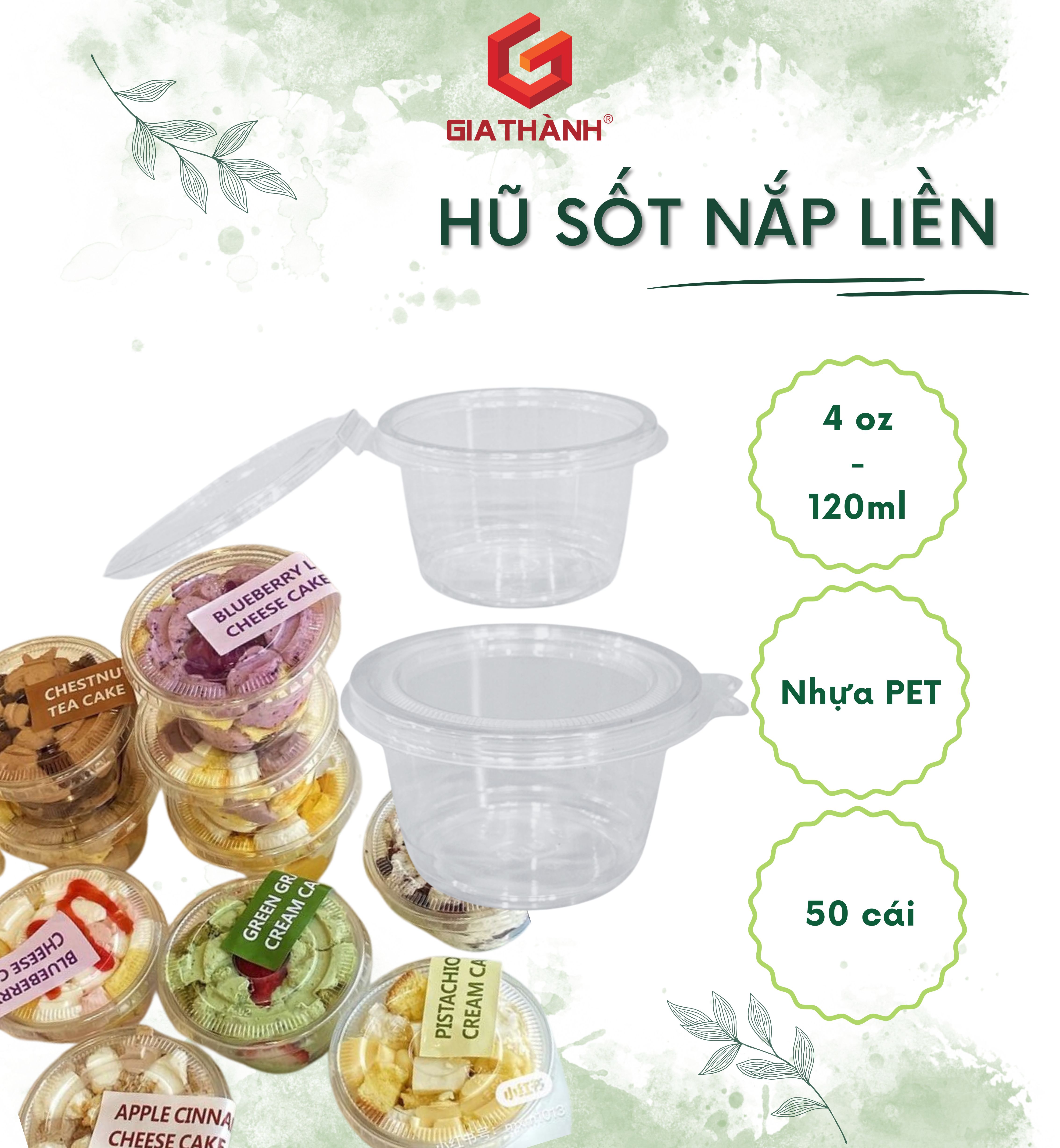 Hũ nhựa nắp liền đựng panna cotta, nước sốt, topping (50 cái/lốc)