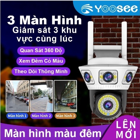 Camera YooSee 3 mắt thật Q54D xem cùng lúc 3 khung hình - CHỐNG NƯỚC xoay 360 độ - xem đêm có màu - Góc rộng siêu nét 12.0mpx