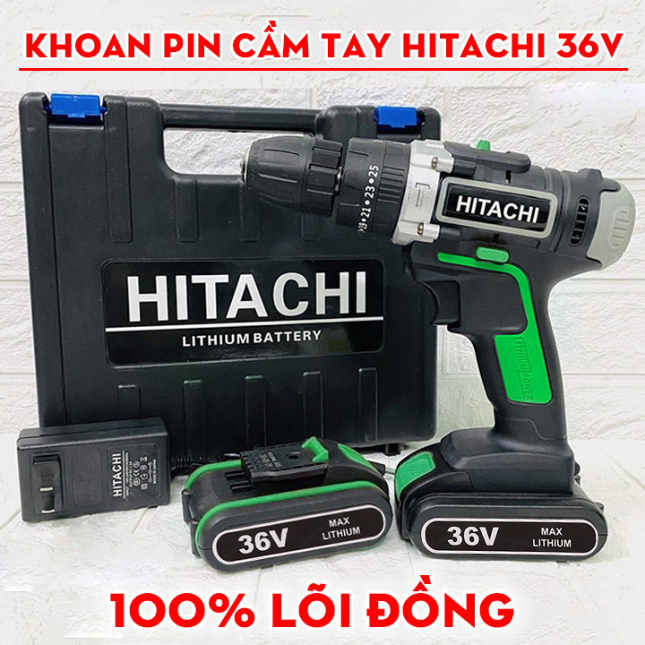 Máy khoan bắn vít dùng pin hitachi 36v xanh - khoan sắt, khoan gỗ, bắt vít - máy bắn vít - pin chuẩn 5 cell - máy văn vít cầm tay
