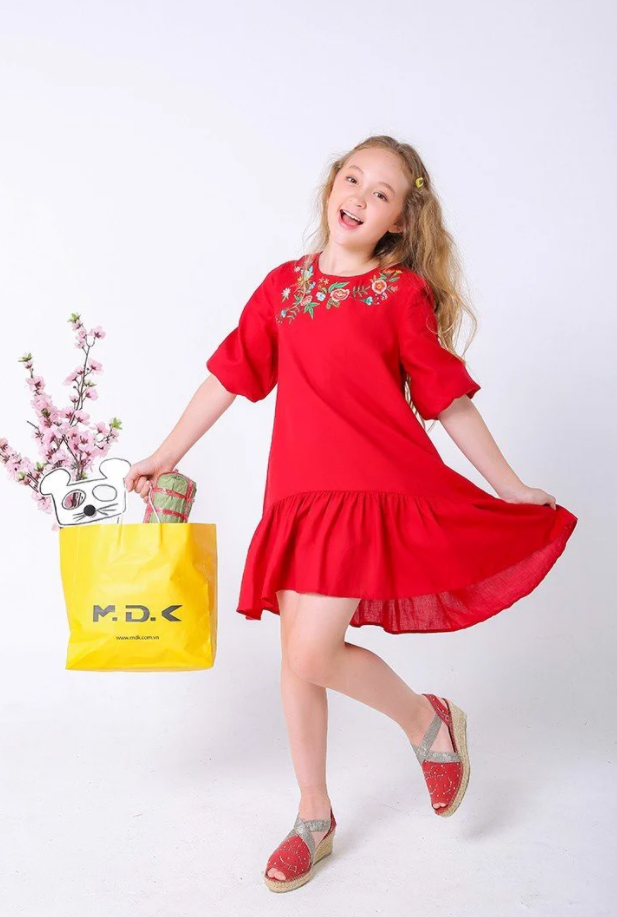 Đầm Noel bé gái MDK Puff Sleeves Floral Embroidery
