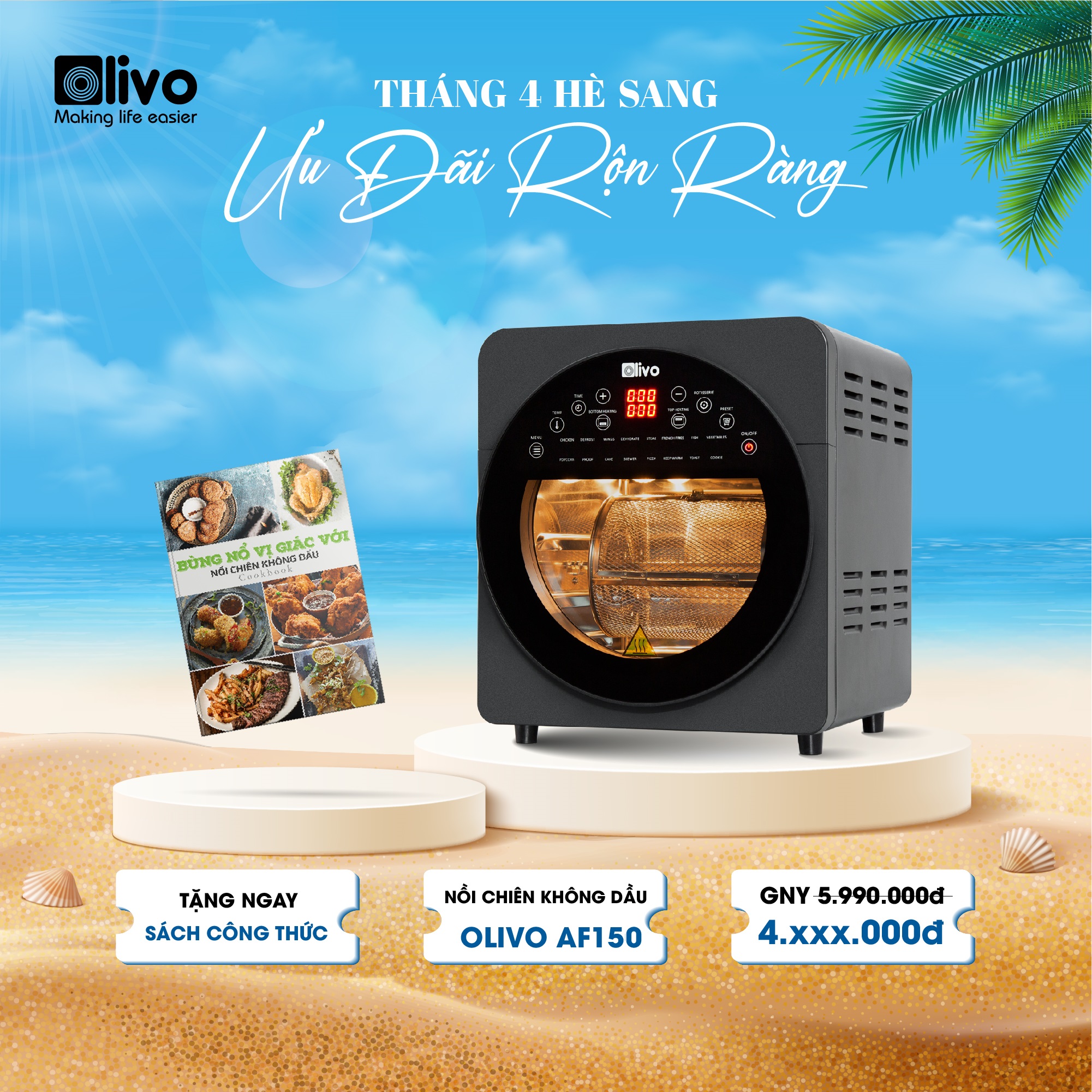 Nồi Chiên Không Dầu OLIVO AF150 16 Chức Năng - Dung Tích 15L - Công Suất 2500W -  Nướng Gà Nguyên Con - Phụ Kiện Đa Dạng - Cửa Kính Trong Suốt - Màn Hình Cảm Ứng - Thương Hiệu Mỹ Bảo Hành 24 Tháng