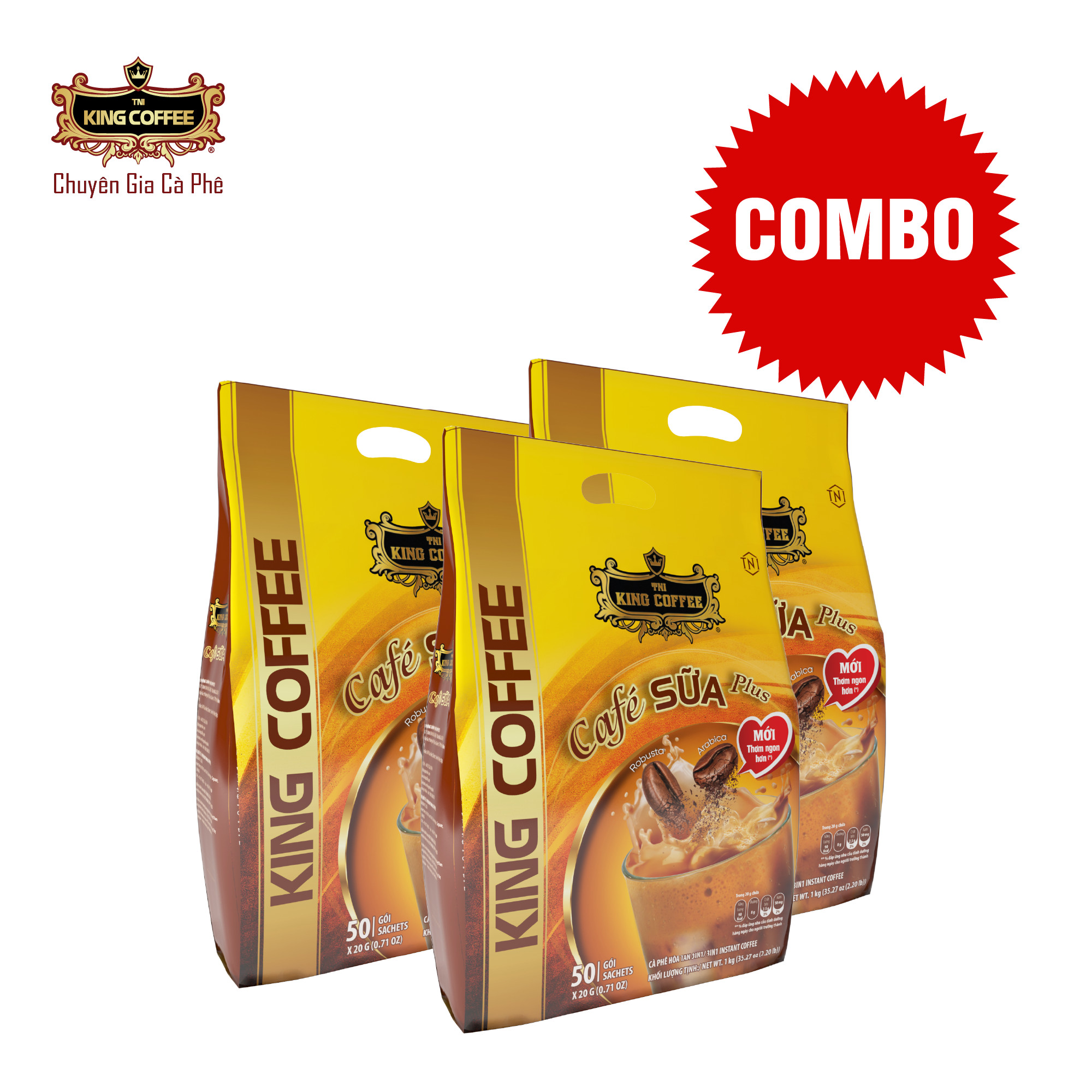 Combo 3 cà phê sữa plus hòa tan 3in1 tni king coffee - túi 50 gói x 20g