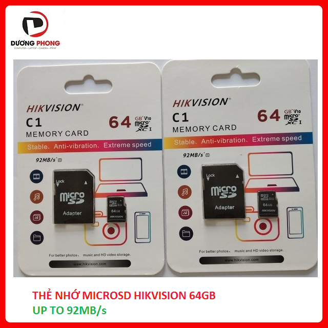 Thẻ Nhớ Hikvision 64GB C1 Upto 92MB/S Class 10 Thẻ Nhớ MicroSD Chuyên Dùng Cho Camera Điện Thoại Camera Hành Trình Kèm Adapter - Hàng Chính hãng bảo hành 5 năm
