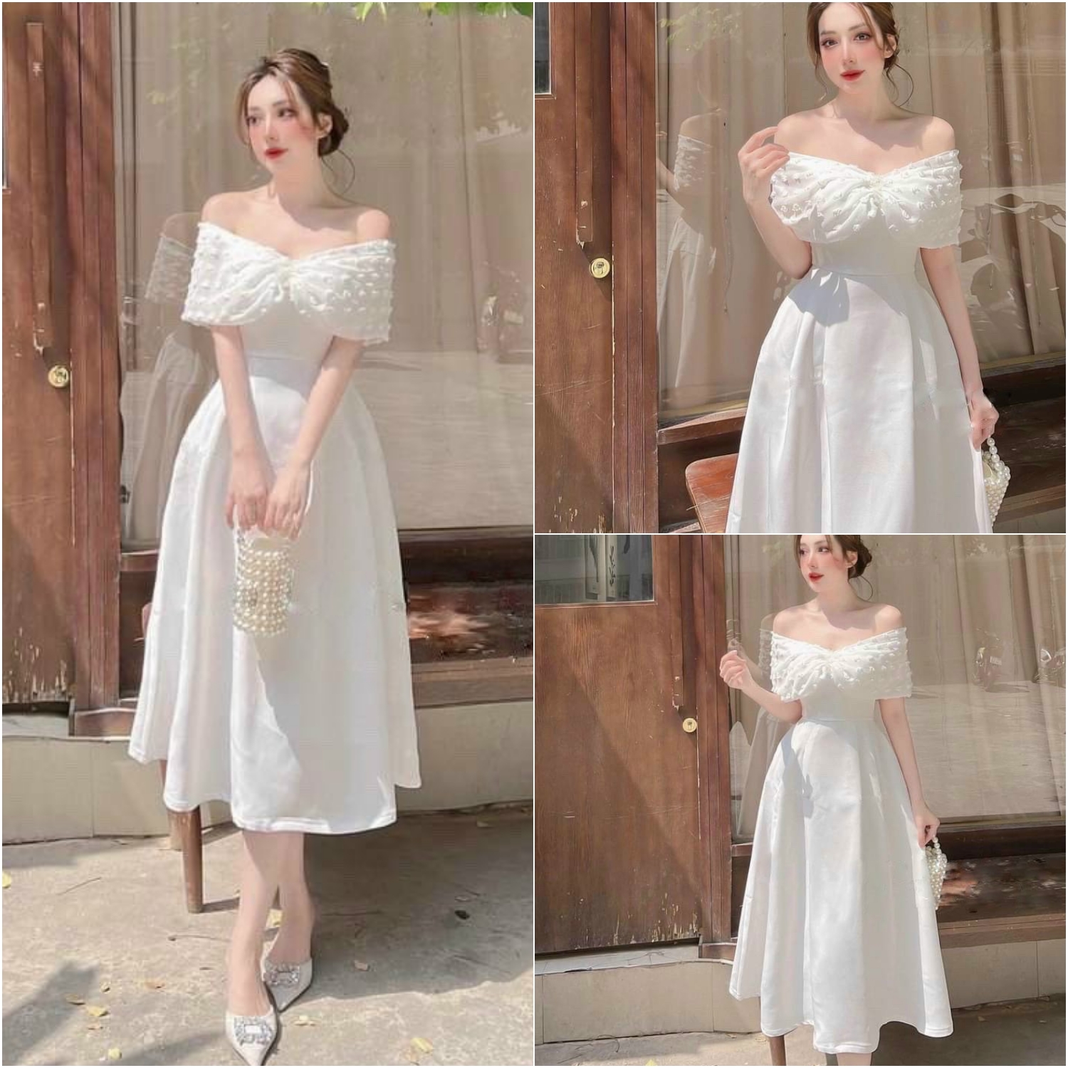 Đầm dạo phố punmax hq107 trễ vai cổ cắt hình nơ s m l xl