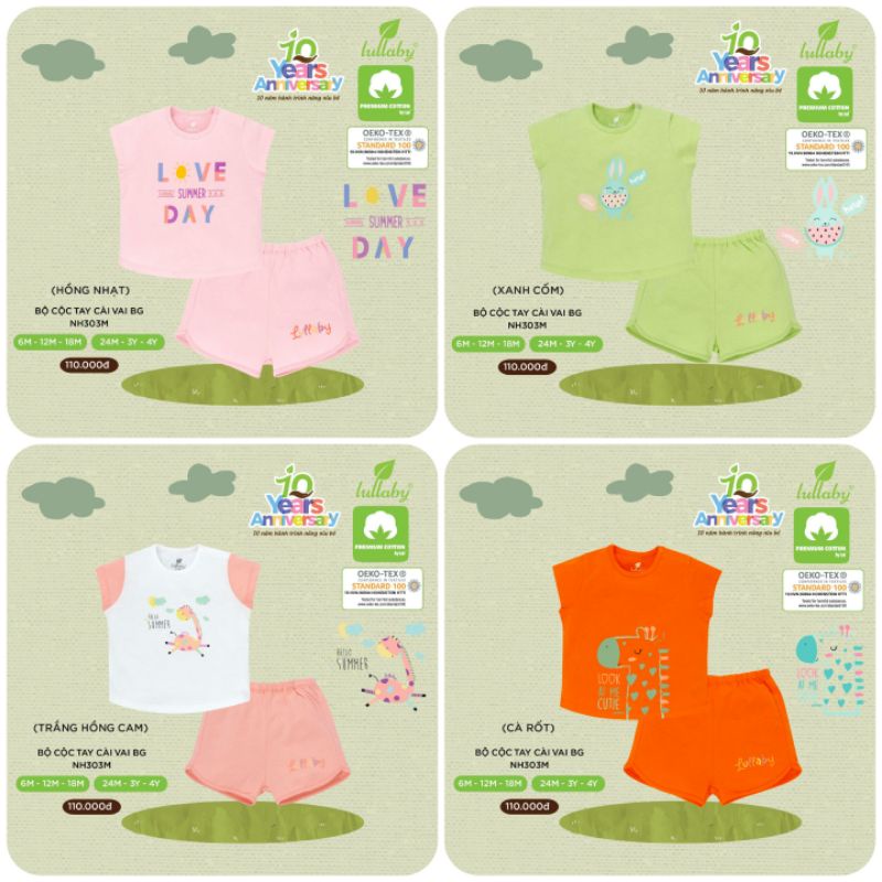 (1-3 tuổi) Bộ cộc tay cài vai bé gái Lullaby – 100% cotton mềm mát, thoáng khí (NH303M)