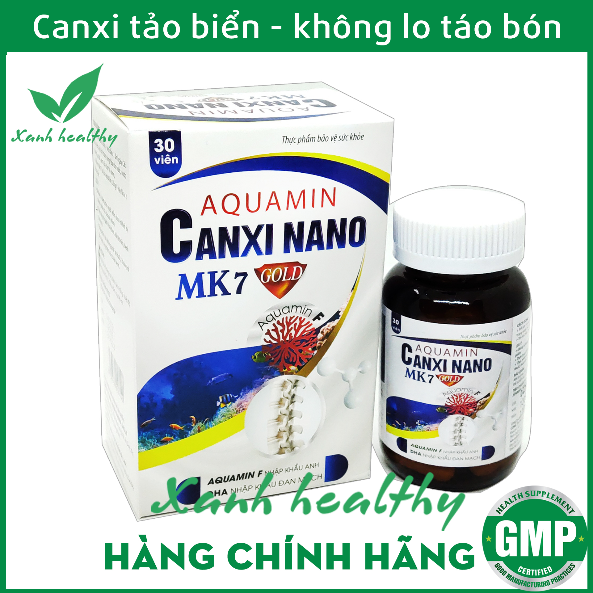Viên uống bổ sung canxi từ tảo biển đỏ Aquamin Canxi nano Mk7 Gold -  dùng cho trẻ từ 1 tuổi và người lớn - Hộp 30XANH Healthy