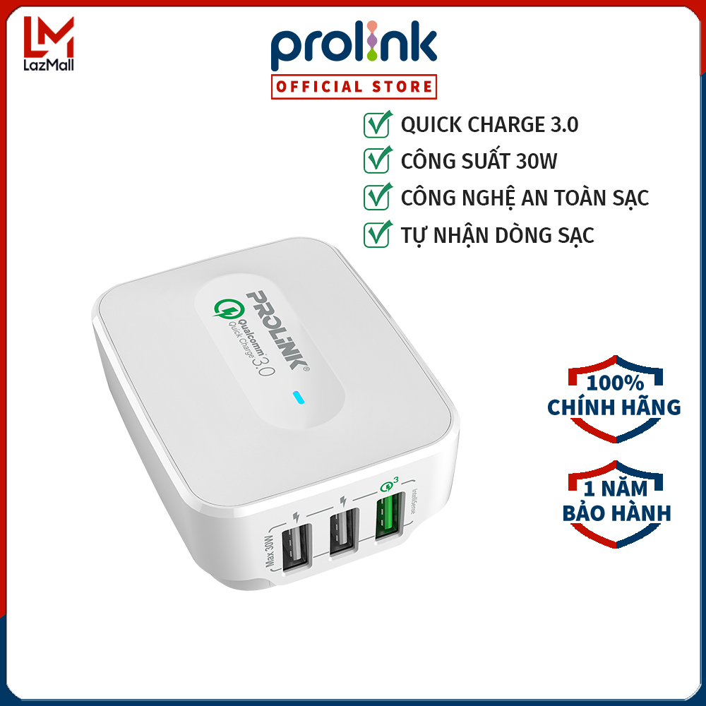 Củ sạc nhanh Prolink PTC32501 - Cốc sạc 3 cổng USB - Củ sạc công suất lớn 30W - Sạc Nhanh chuẩn QC3.0 - Bảo hành 12 tháng - Hàng Chính Hãng