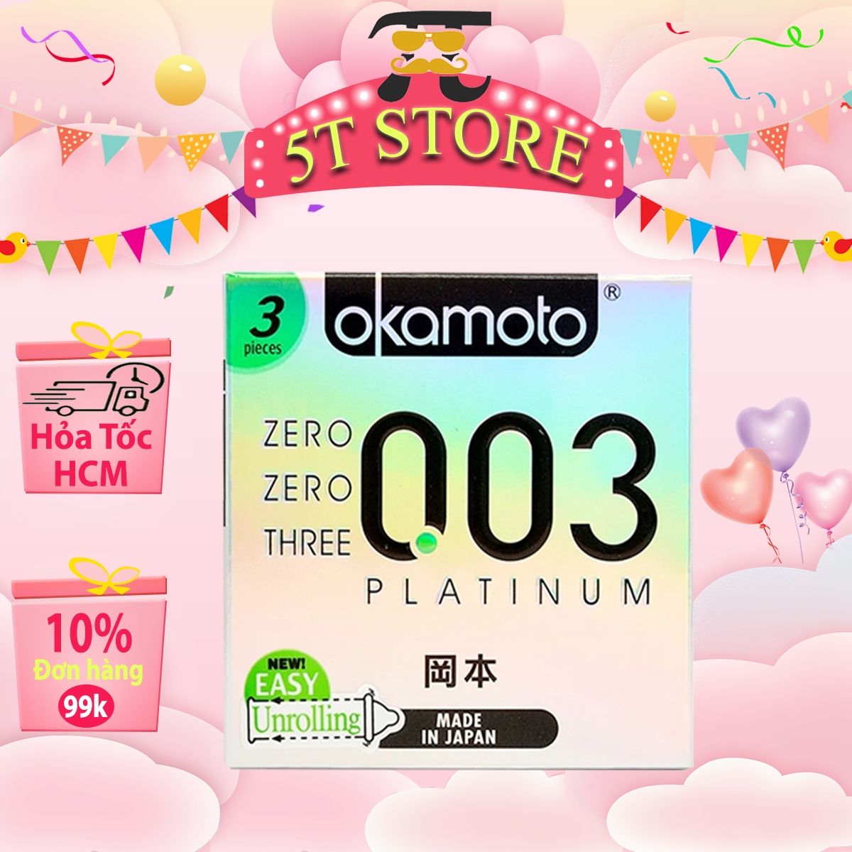 Bao Cao Su Siêu Mỏng 0.03mm Okamoto Platinum - Trong Suốt, Ôm Sát - Hộp 3 Cái - 5T STORE