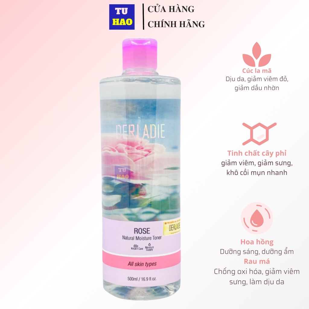 Nước Hoa Hồng Dưỡng Ẩm Giảm Viêm Se Khít Lỗ Chân Lông Derladie Rose Natural Moisture Toner 500ml