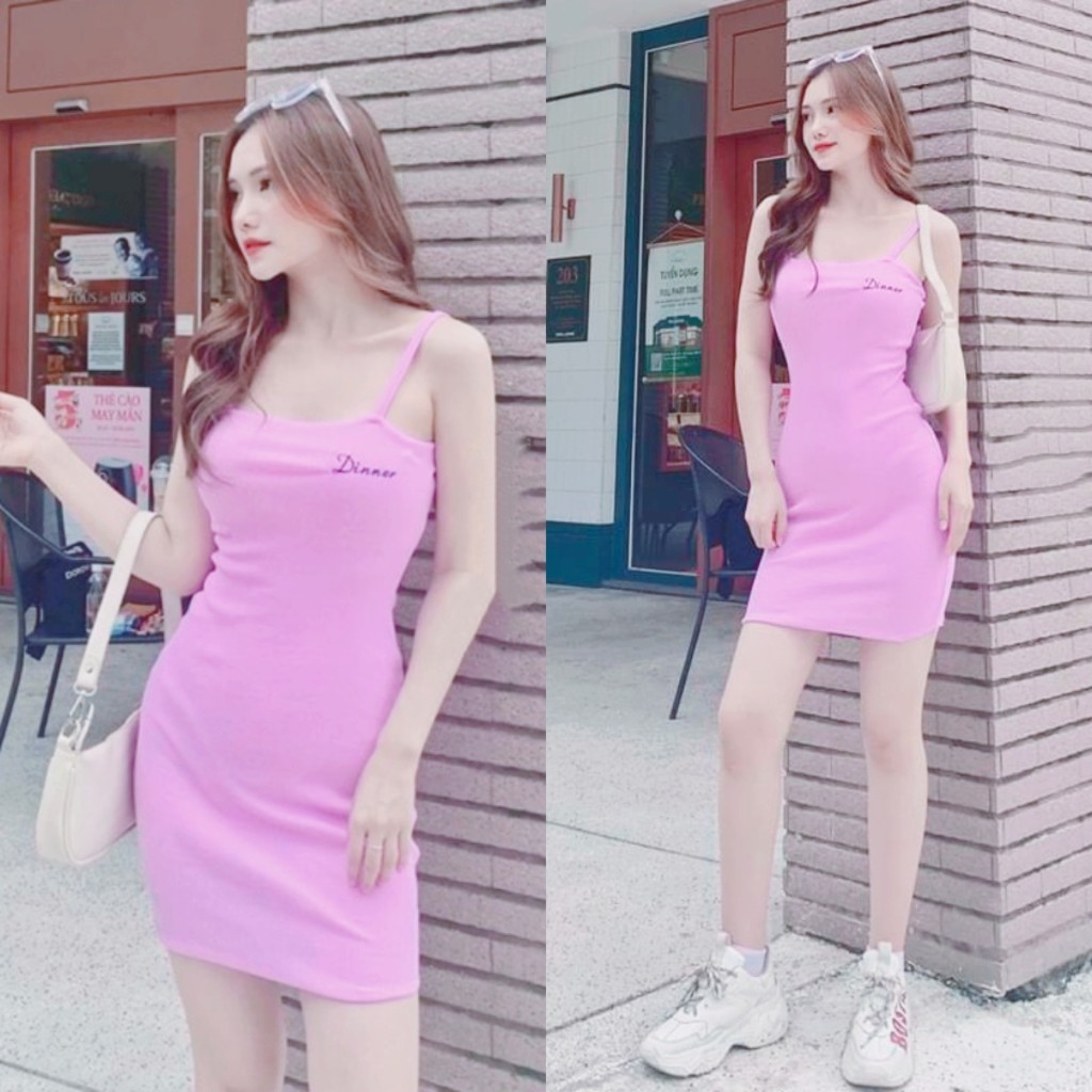 Đầm 2 Dây Ôm Body Màu Hồng Tím Thêu Dinner ANLY65