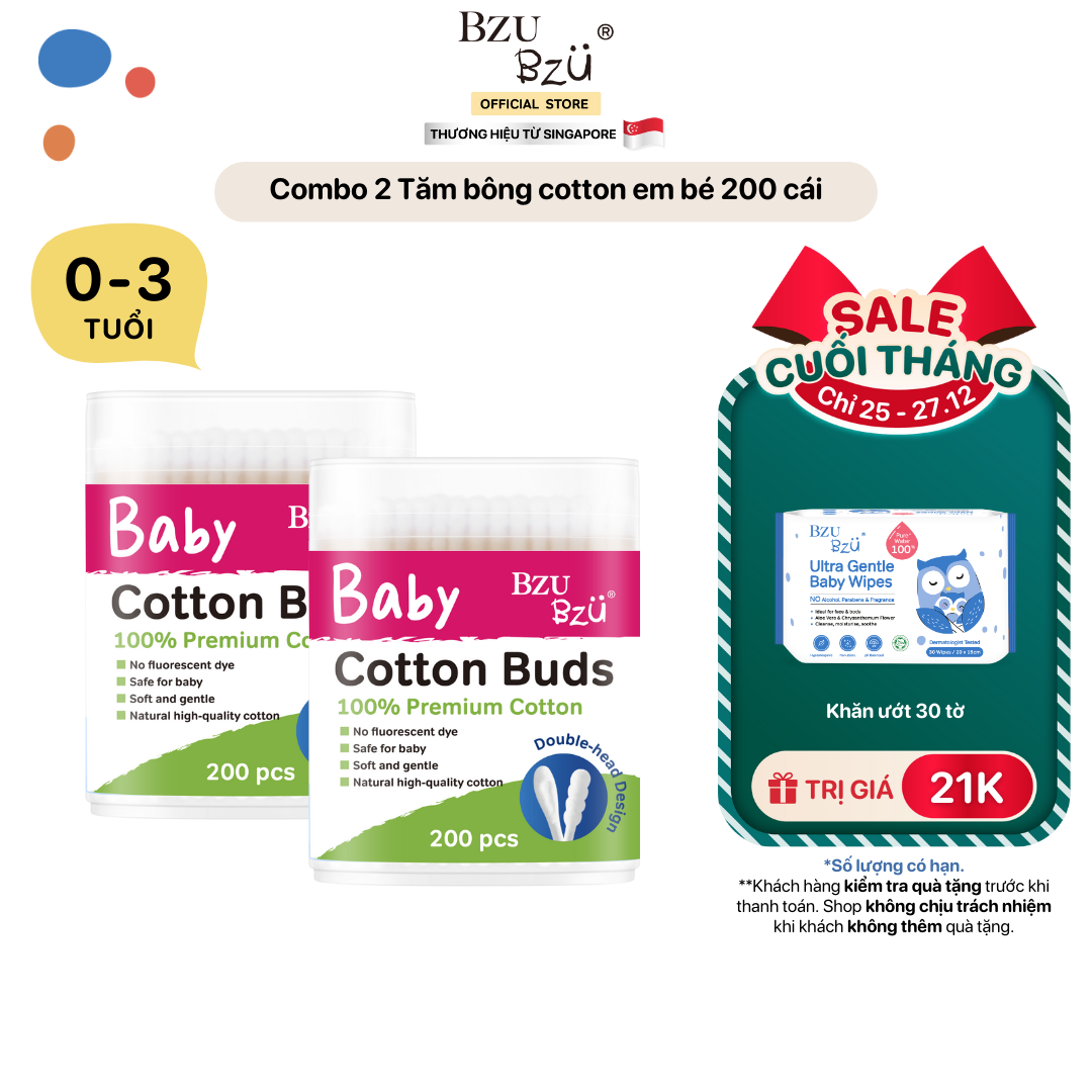 Combo 2 Hộp Tăm Bông Em Bé BZU BZU Cotton Buds Thiết Kế Mềm Mại Nhẹ Nhàng, An Toàn Cho Bé 200 Cái