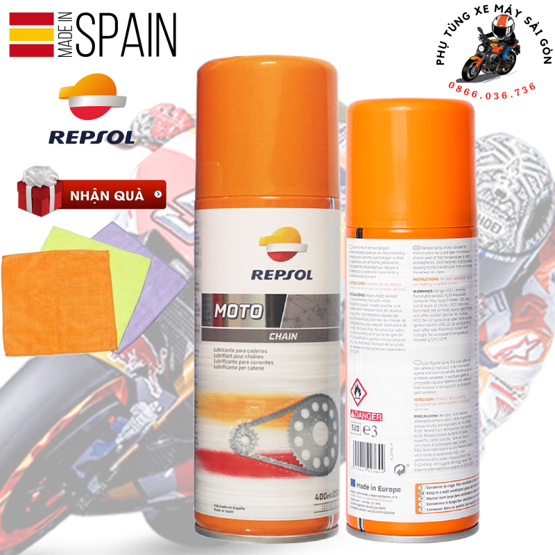 Xịt dưỡng sên Repsol Chain Lube 400ml dùng cho Exciter Winner PKL - Nhập khẩu Tây Ban Nha