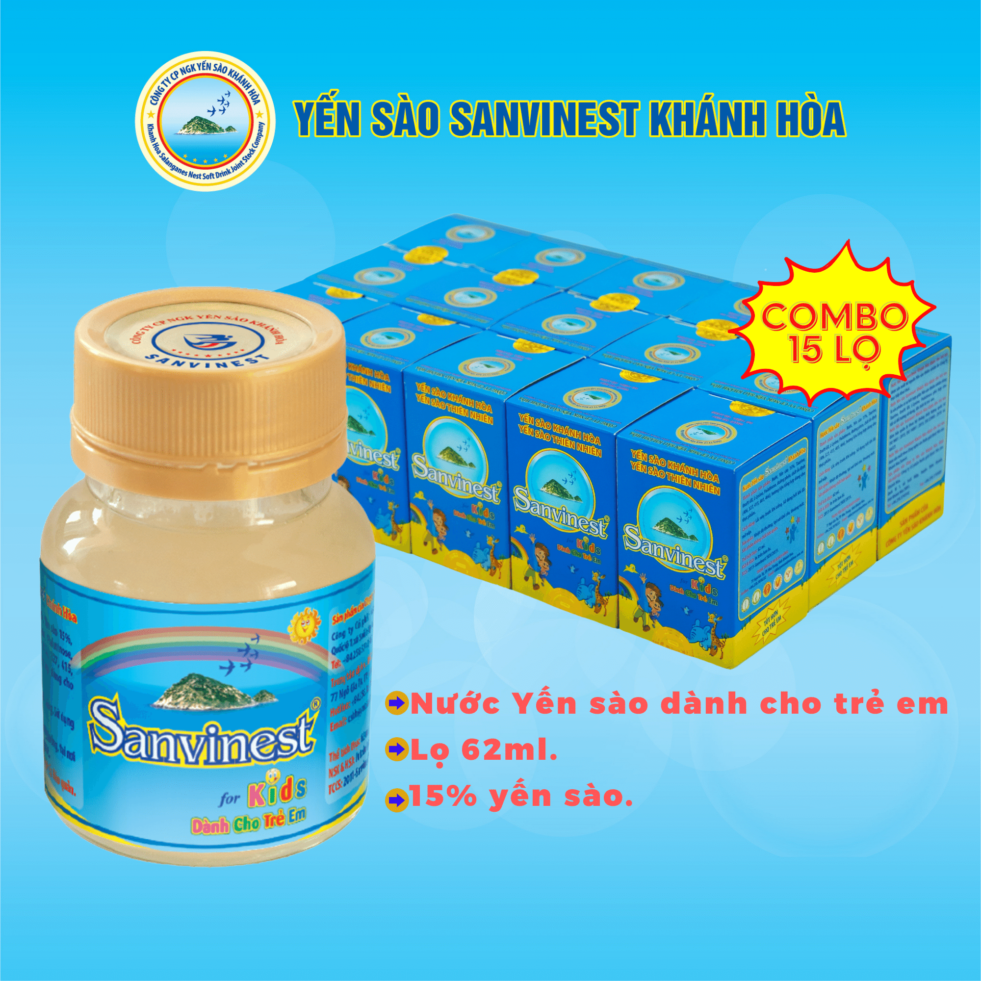 Nước yến sào trẻ em Sanvinest Khánh Hòa, Lốc 15 lọ 62ml, Yến sào 15%. Hỗ trợ tiêu hóa, tăng sức đề kháng, Không chất bảo quản, không màu nhân tạo.