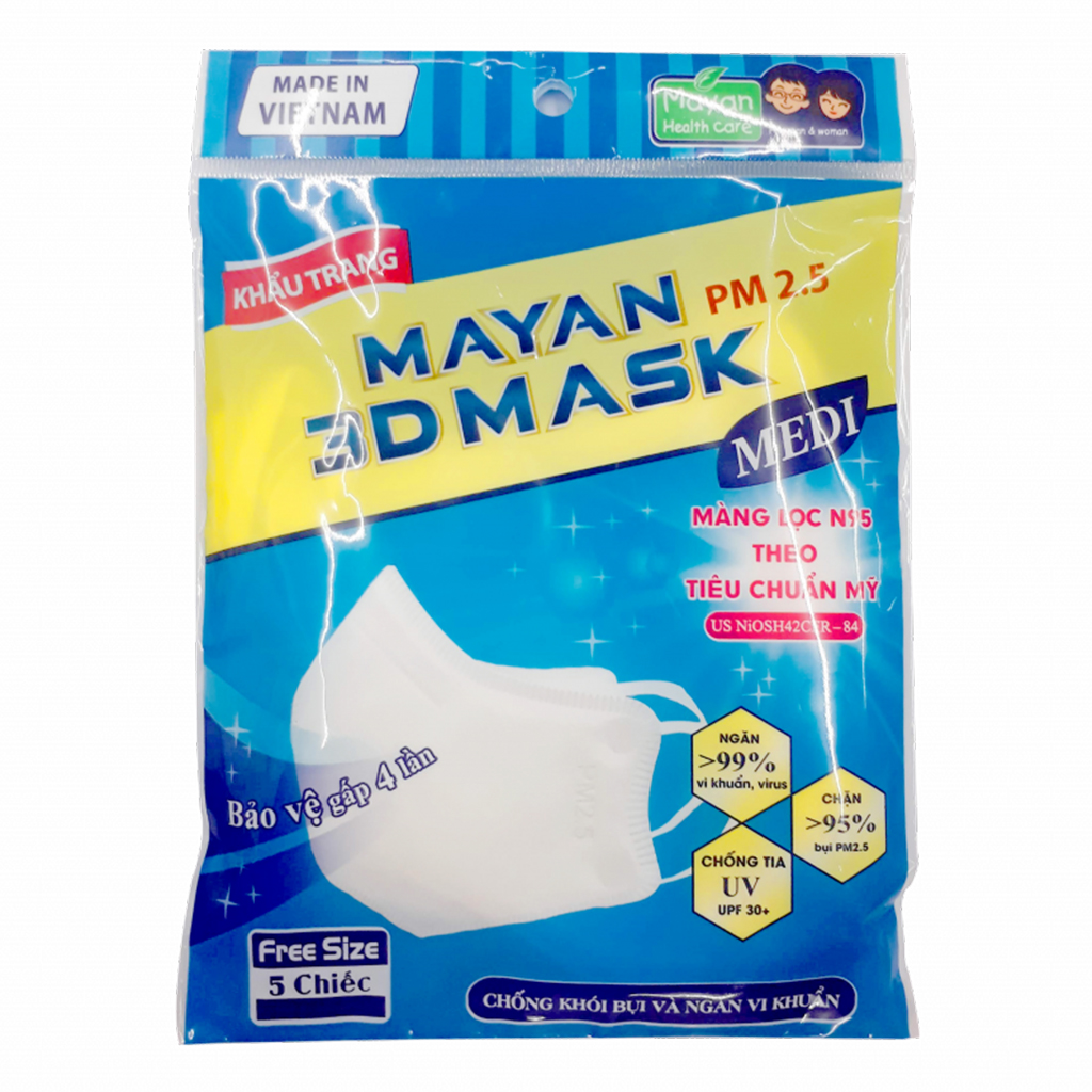 Khẩu Trang Mayan 3D Mask Màu Trắng Chống Bụi PM 2.5 Gói 5 Miếng Size Dành Cho Người Lớn (Loại có màng lọc Micro Filter)