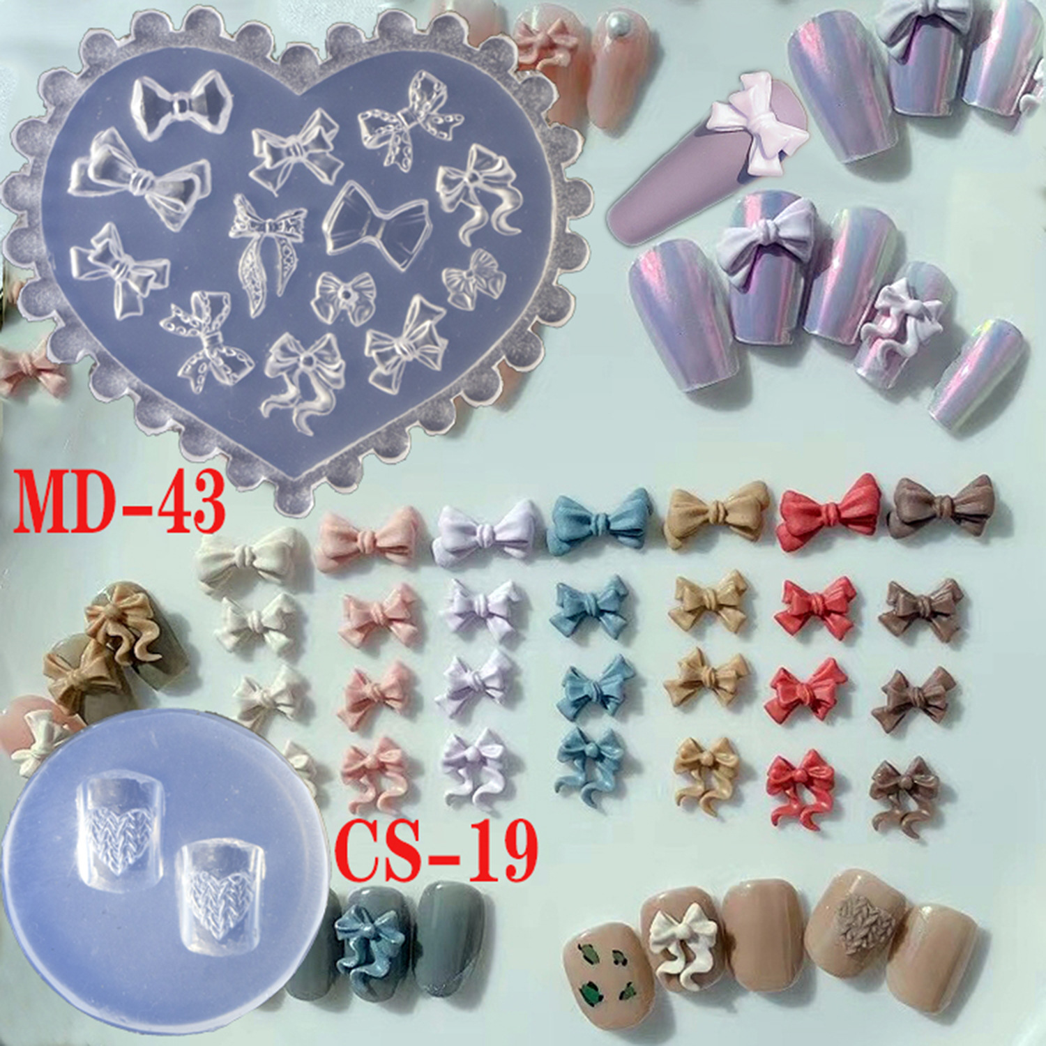 Khuôn silicon nail gấu, nơ, hoa, dấu chân trái tim làm charm nail hot, khuôn silicon đắp bột làm móng