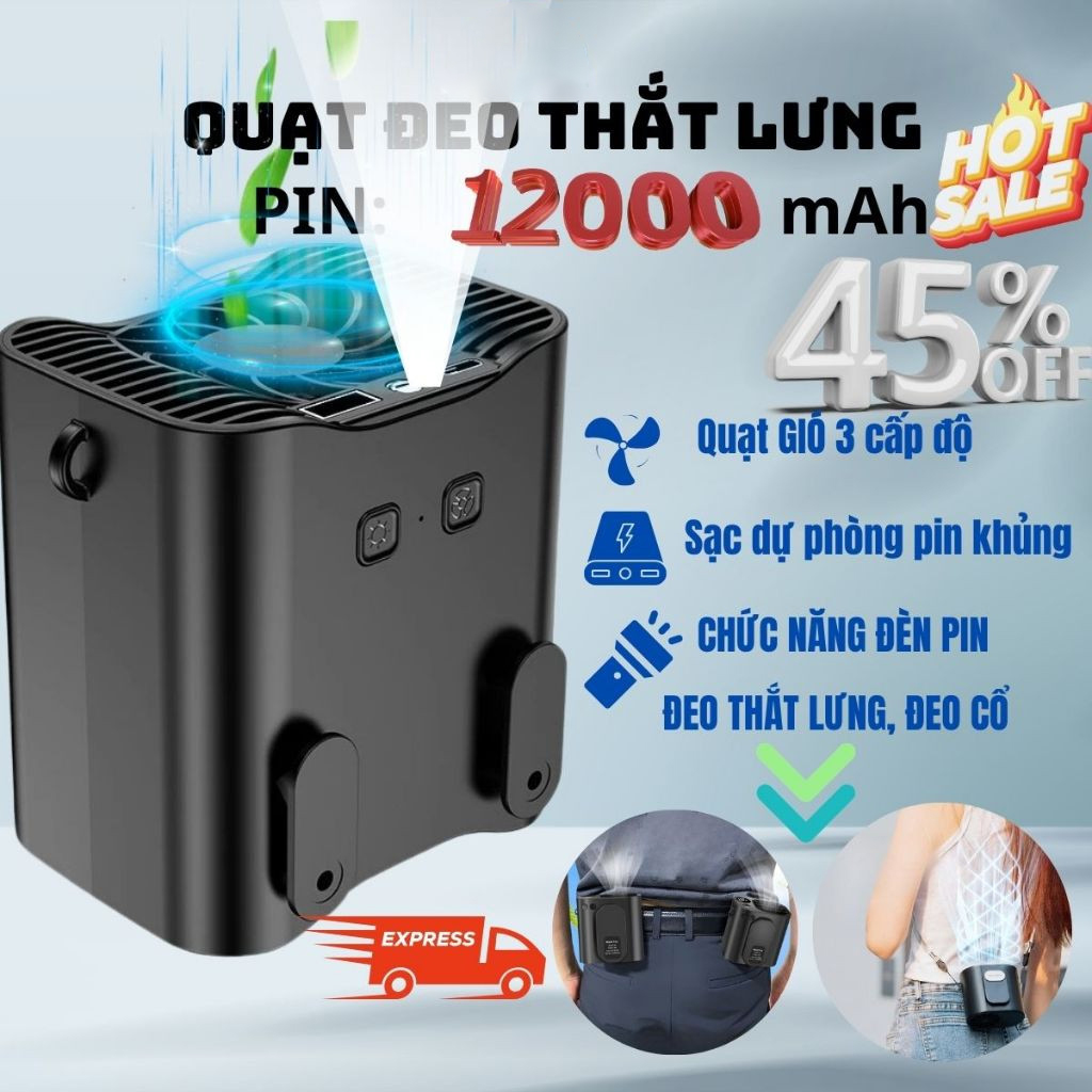 Quạt đeo hông đeo cổ mini pin siêu trâu quạt đeo thắt lưng quạt kẹp tích điện 12.000nAh sử dụng liên tục 25h, quạt để bàn quạt cầm tay pin trâu