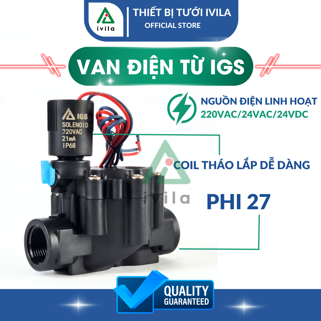 Van điện từ 27mm, van điện từ phi 27, van điện từ 220v/24v, van từ chống nước dùng được ngoài trời, van nước điện từ, Chất liệu nhựa cao cấp gia cường sợi thủy tinh độ bền cao - Điện áp 220VAC/24VAC/24VDC