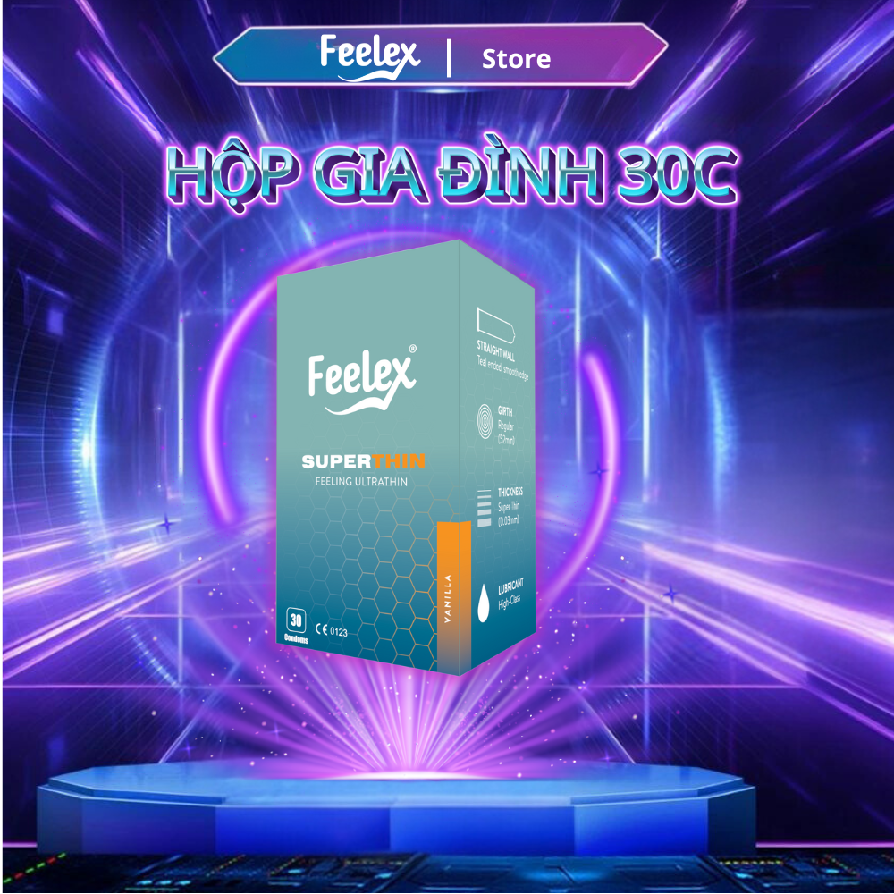 Bao cao su gia đình Feelex Superthin hộp lớn nhiều gel bôi trơn hương dâu - Hộp 30bcs