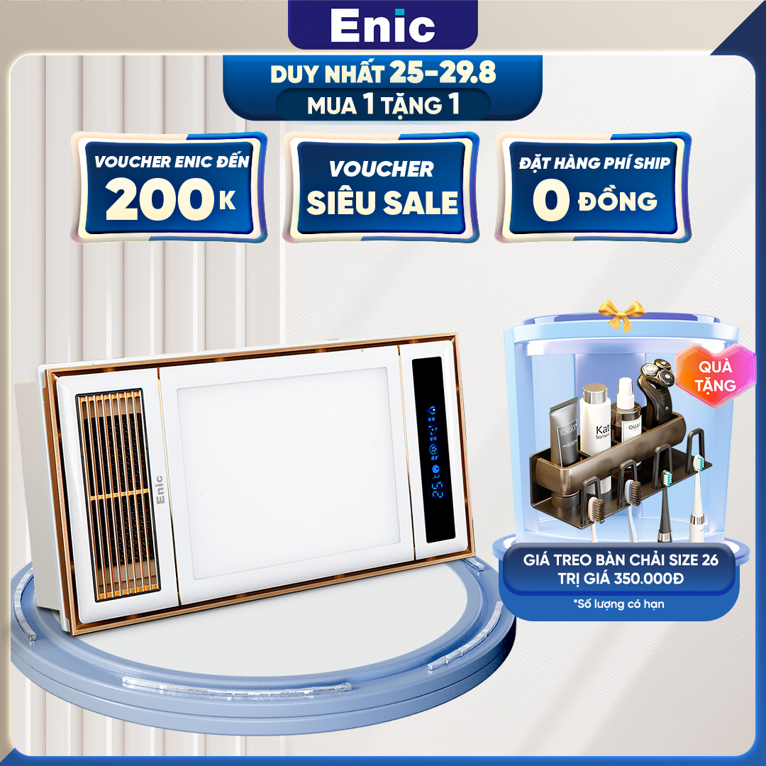 Đèn sưởi phòng tắm thông minh Enic KV - Quạt sưởi ấm, thông gió, chiếu sáng, quạt mát, hút ẩm, màn hình LED dễ sử dụng, máy sưởi âm trần
