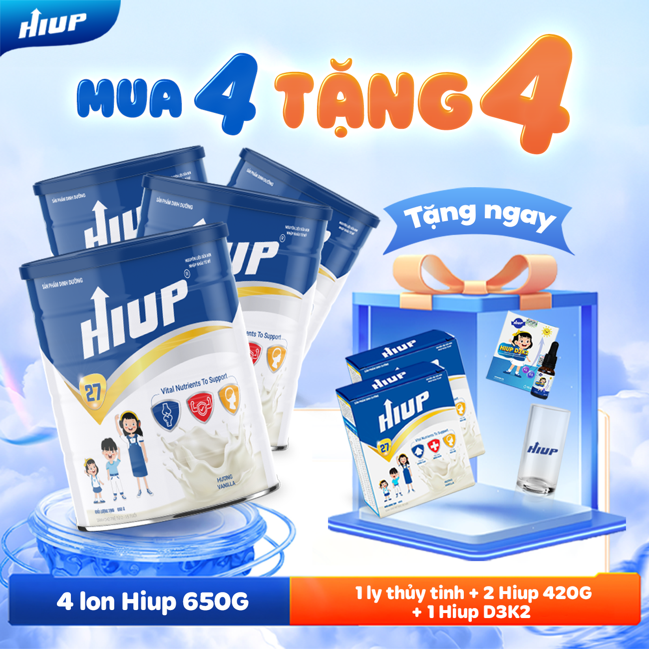 [MUA 4 TẶNG 2 hiup 420gr và 1 d3k2] Sữa HIUP Hoa Kỳ, Sữa Bột Tăng Chiều Cao Cho Bé Bổ Sung Canxi, DHA, Vitamin D3 K2, Protein Hộp 650g Hàng Chính Hãng - HSD 24 Tháng  - NOT VAT