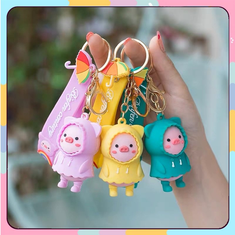 Móc khóa heo mặc áo mưa cute dễ thương móc chìa khoá xe máy, móc treo chìa khoá ô tô