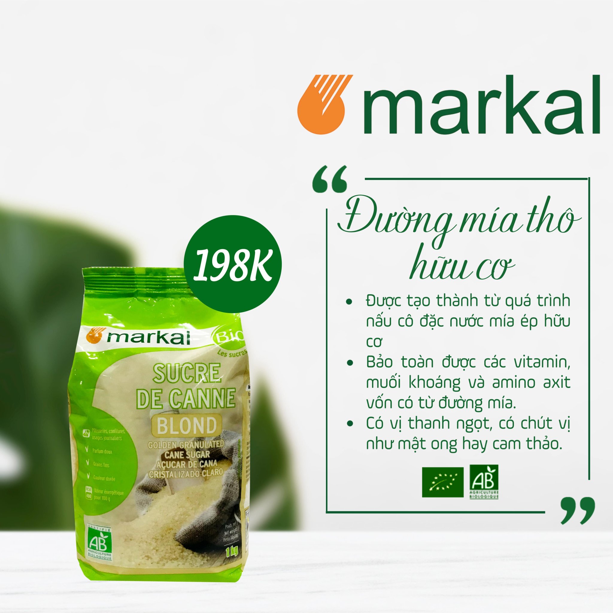 Đường mía thô hữu cơ hạt nhỏ Markal 1kg