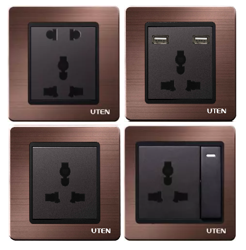 Bộ ổ cắm uten a5 màu nâu gỗ mặt vuông - ổ cắm 3 chấu, 5 chấu, ổ cắm usb