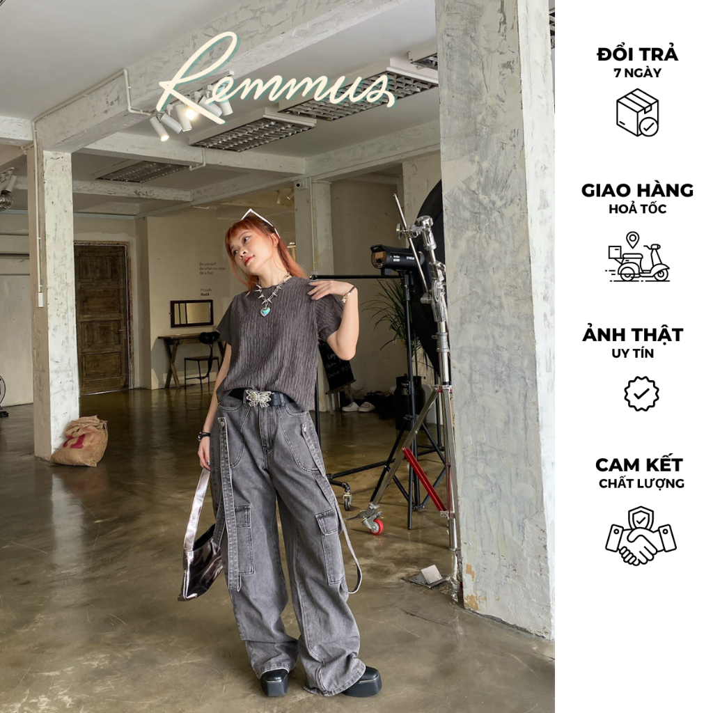 Denim Cargo jeans - Quần jeans túi hộp ống suông phong cách có dây Remmus dành cho nữ