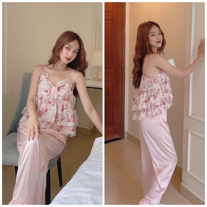 Set bộ áo voan 2 dây phối quần lụa dài xinh xắn , đáng yêu