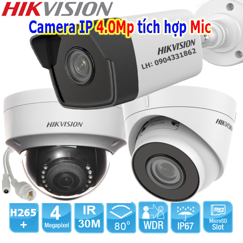 Camera ip hikvision 4.0mp + mic chuẩn nén h265+, hồng ngoại 30m chính hãng hikvision