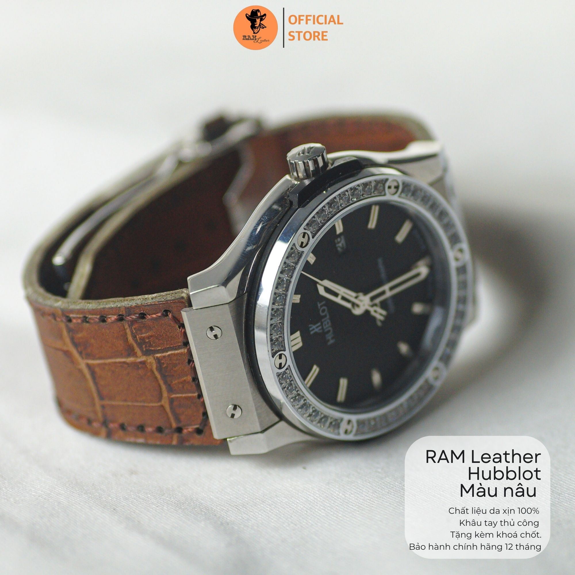Dây da đồng hồ hublot da bò màu nâu vân cá sấu ram leather