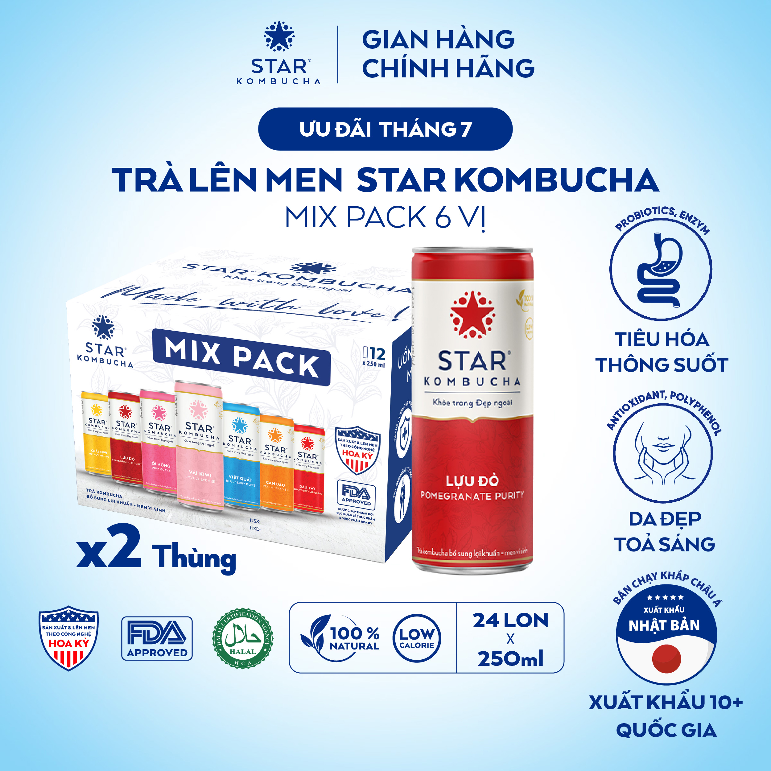 Combo 2 thùng 12 lon trà STAR KOMBUCHA mix 6 vị (250ml/lon) - Trà lên men vi sinh chứa probiotics giúp bảo vệ sức khỏe