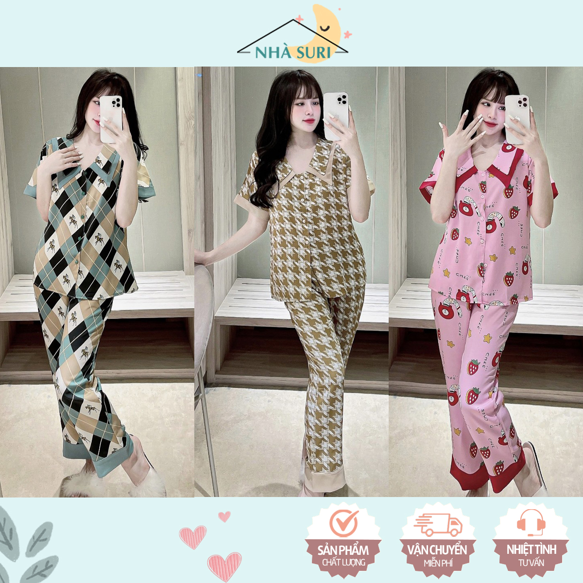 Đồ bộ mặc nhà cổ nhọn 2 lớp tay ngắn quần dài Nhà Suri, pizama ngủ lụa mango mềm mịn