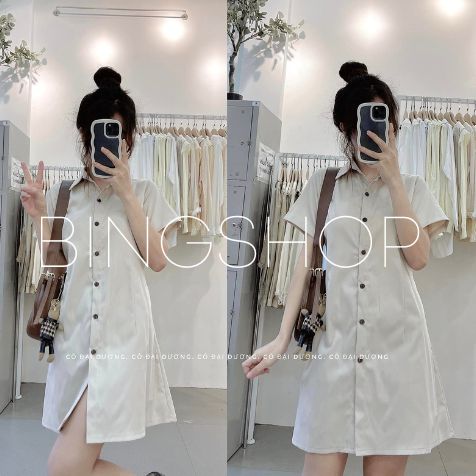 Guuhouse Đầm sơ mi nữ - váy sơ mi dáng suông vải thô cúc dọc ngắn tay chít li eo